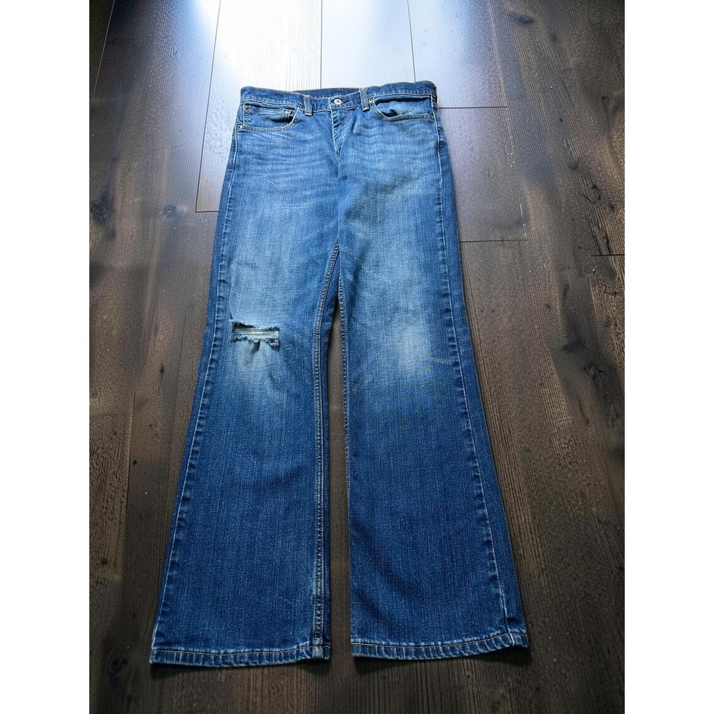 Levis 527 Slim Bootcut Jeans Mens 34x32 Med Dark Wash Distressed Denim